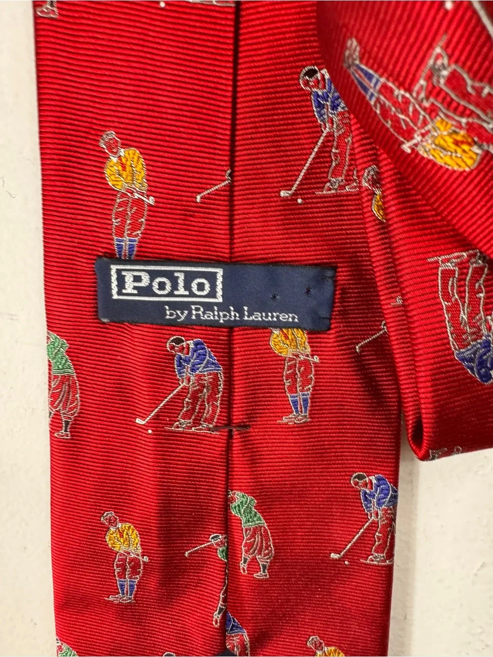 Vintage Polo Ralph Lauren Made in USA Golf Golfer Print 100% Silk Tie Red